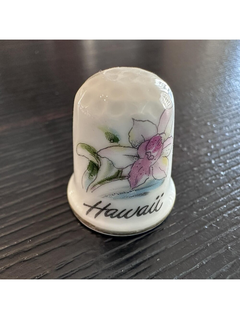 Vintage Hawaii Souvenir Thimble Orchid Tropical Flower Floral Travel Collectible